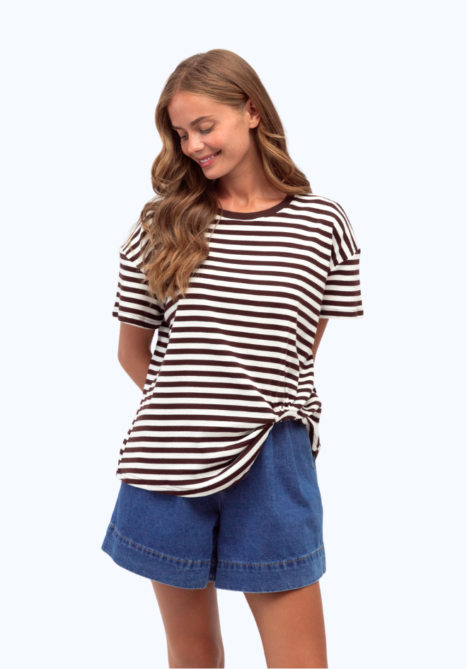 Striped Easy Tuck Tee - Ivory/ Choc