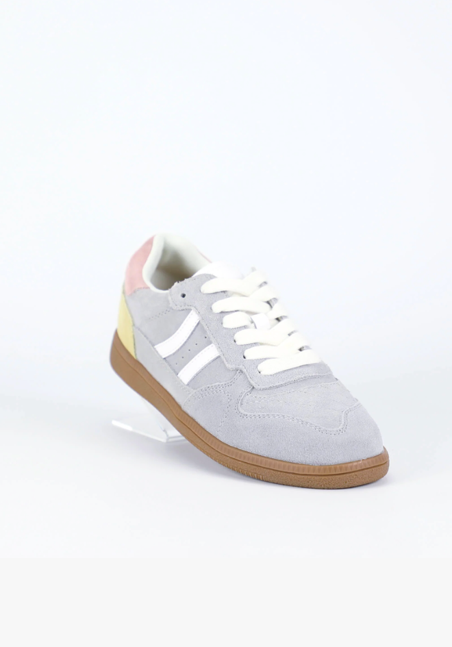 Bay Lane Sunny Grey Sneaker — front view of grey suede lace-up sneaker with contrast stripes, Multi Fit Series