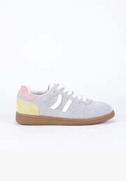 Sunny Grey Sneaker by Bay Lane — retro-inspired grey suede sneaker with contrast stripes and gum sole, side view