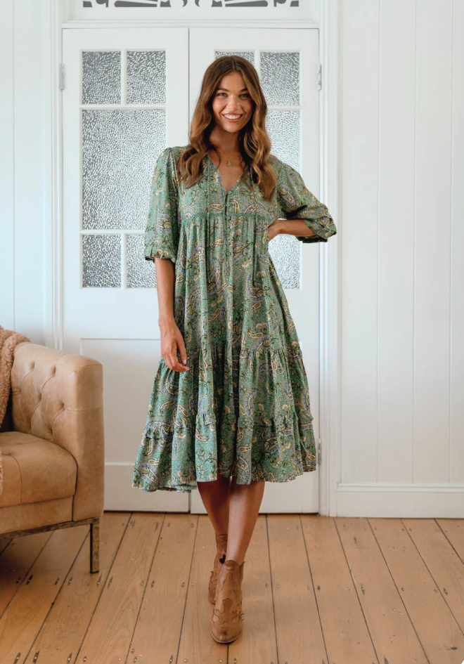Sagewood Print Monday Midi Dress