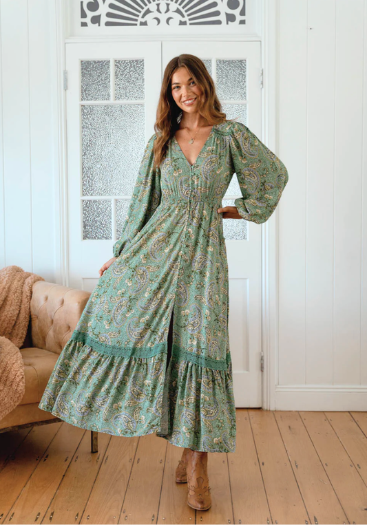 Sagewood Print L/S Carmen Maxi Dress