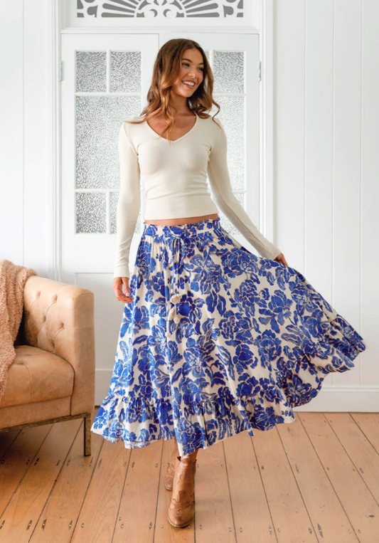 Indigo Bloom Print Vela Skirt