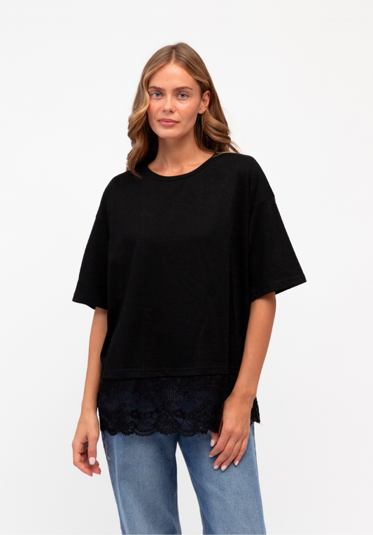 Lace Trim T-Shirt - Black