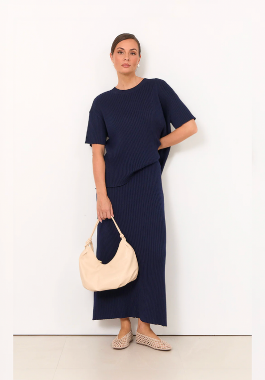 Taylor Rib Knit Midi Skirt - Navy