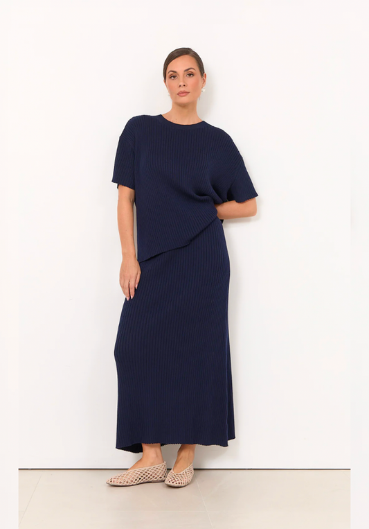 Taylor Rib Knit Midi Skirt - Navy