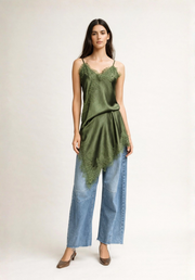 Sara Lace Trim Singlet - Olive
