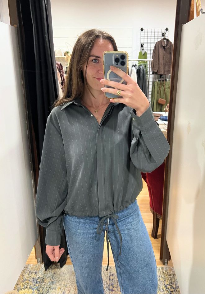 Penelope Tie Bomber Shirt by Little Lies — relaxed bomber-style shirt with tie front detail, a versatile transeasonal layering piece