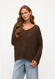 Relaxed V Neck Knit Top - Chocolate