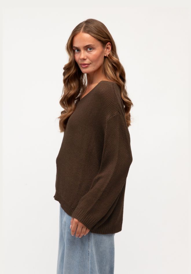 Relaxed V Neck Knit Top - Chocolate