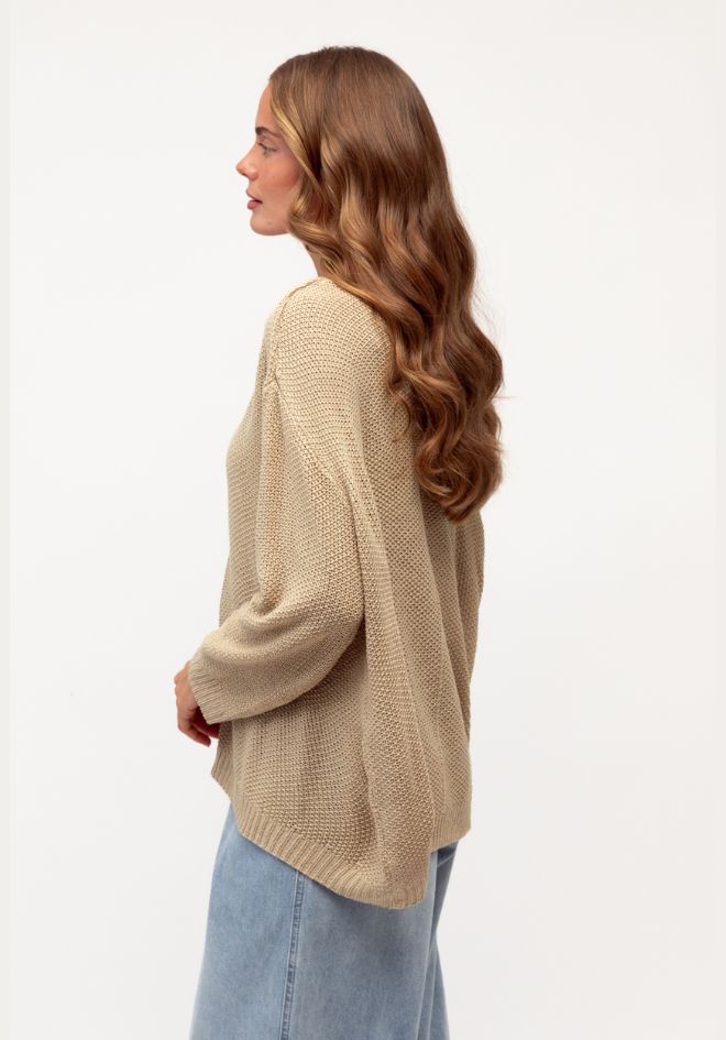 Relaxed V Neck Knit Top - Oatmeal