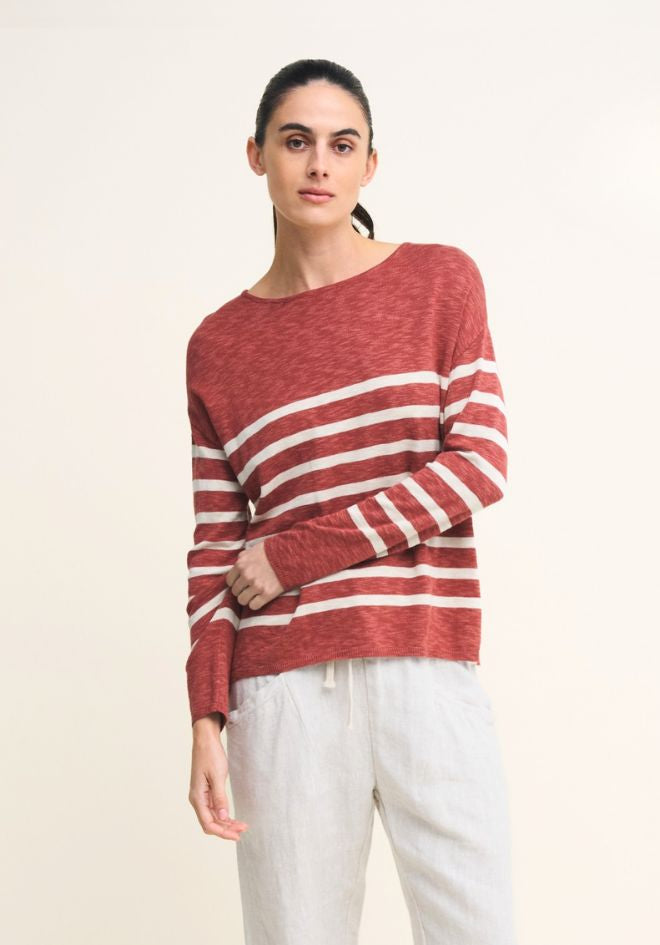 Bobbie Top in Terracotta by Little Lies — close-up front view of stripe detail and side splits on 100% cotton relaxed fit top