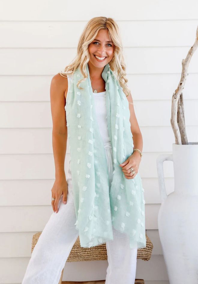 Free Spirit Australia Flake Detail Scarf in Mint — soft mint green lightweight scarf with raised flake detail, draped loosely over shoulders, available in Australia at Kat and Ko Clothing