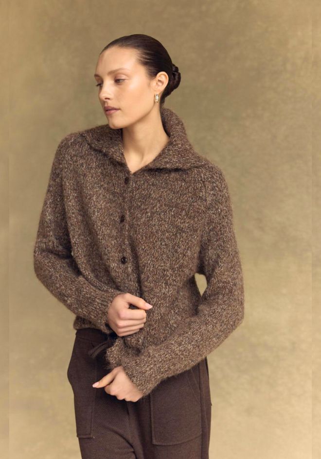 Lenni Barrel Leg Pants by Little Lies — editorial upper body shot showing chocolate brown barrel leg pants paired with brown marle collared button knit, warm earthy background, shop in Australia at Kat and Ko Clothing