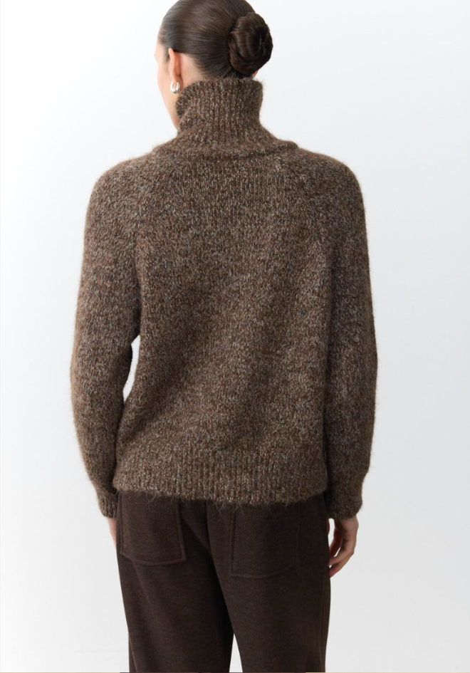Little Lies Lenni Barrel Leg Pants in Chocolate — back view of dark chocolate wool blend barrel leg pants with patch pocket detail, styled with brown marle turtleneck knit and black flats, available in Australia at Kat and Ko Clothing