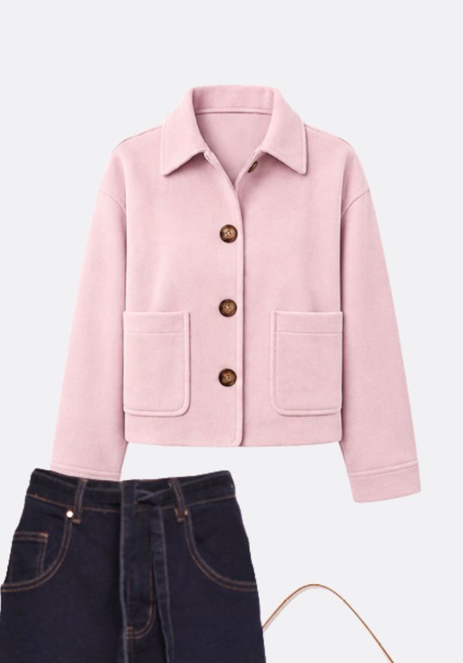 Mia Crop Jacket by Refuge — front flat lay of pink cropped button-up jacket with patch pockets and tortoiseshell buttons, styled with dark denim, available in Australia at Kat and Ko Clothing