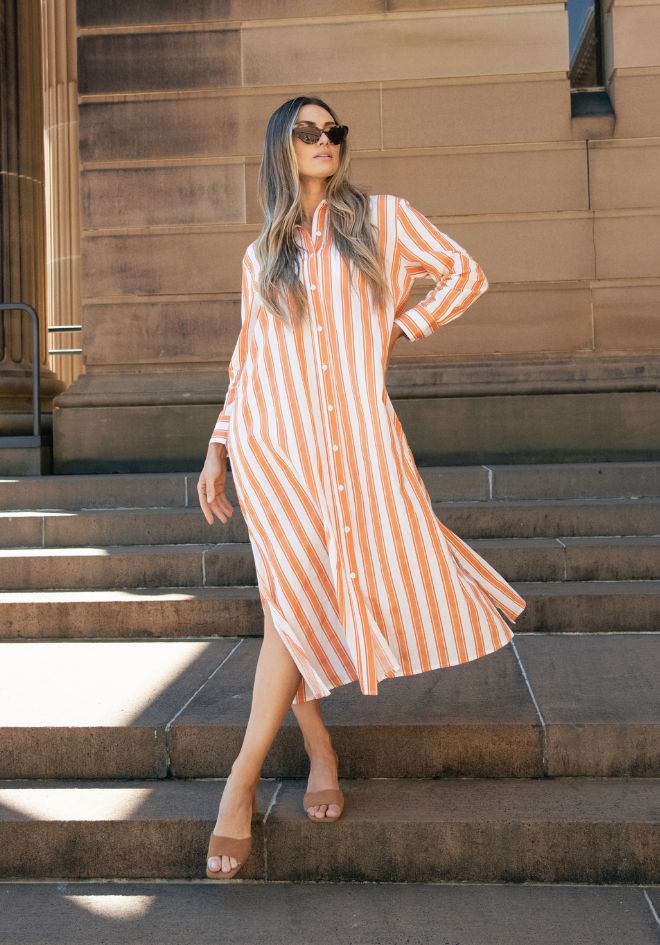 Aria orange and white stripe long-sleeve maxi dress by Worthier, front view