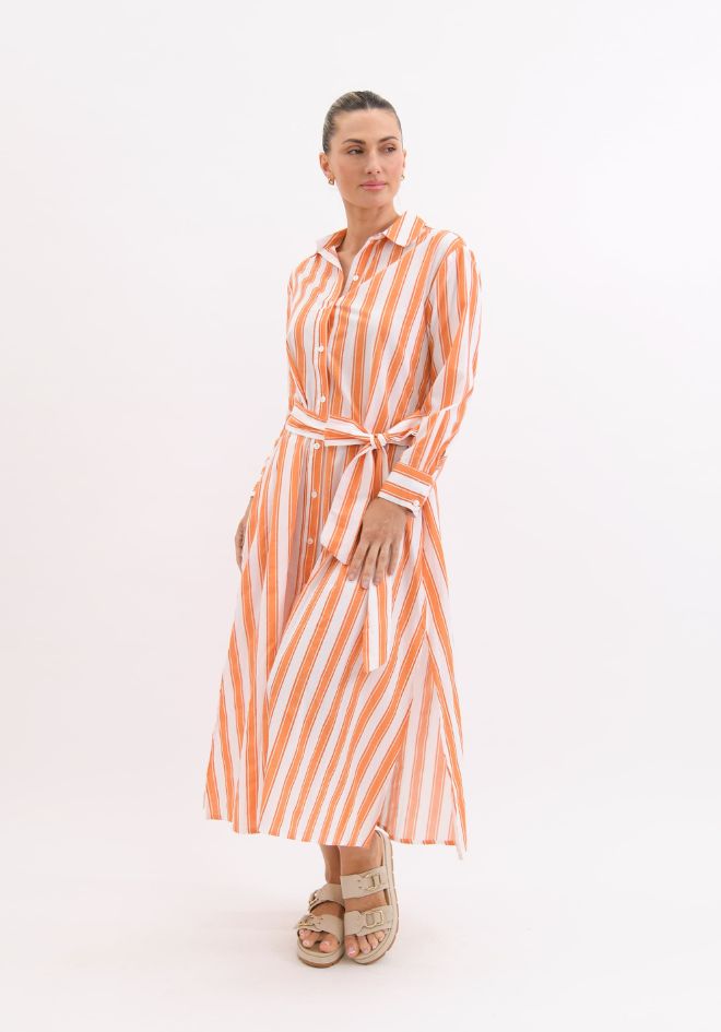 Front view of Aria orange and white stripe cotton maxi dress with self-tie belt