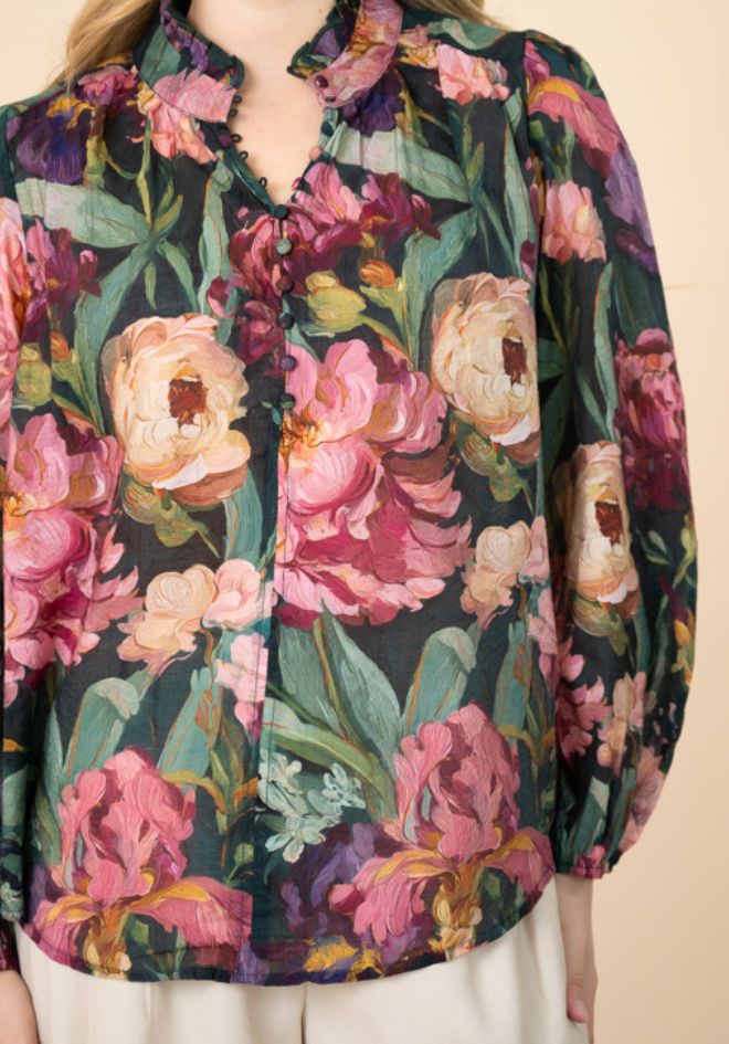 Fria The Label Estelle Print Blouse — close-up detail of vibrant peony and iris floral print with ruffled v-neckline, available in Australia at Kat and Ko Clothing