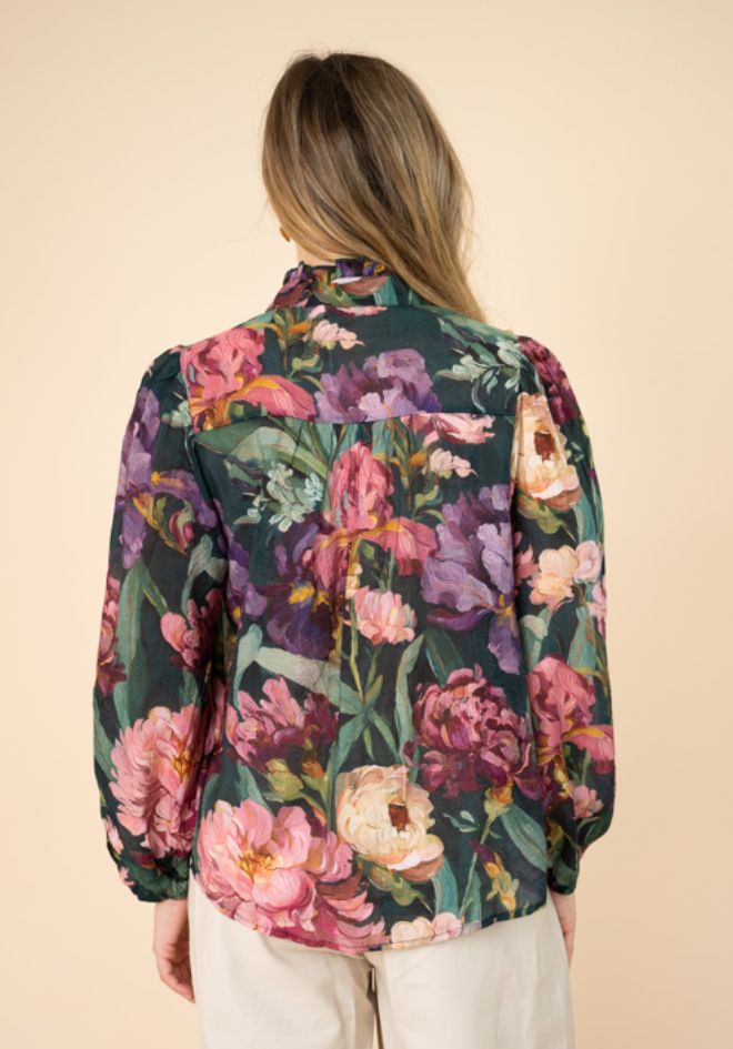 Estelle Print Blouse Fria The Label — back view of dark floral blouse with bold peony print and balloon sleeves, styled with white pants, available in Australia at Kat and Ko Clothing