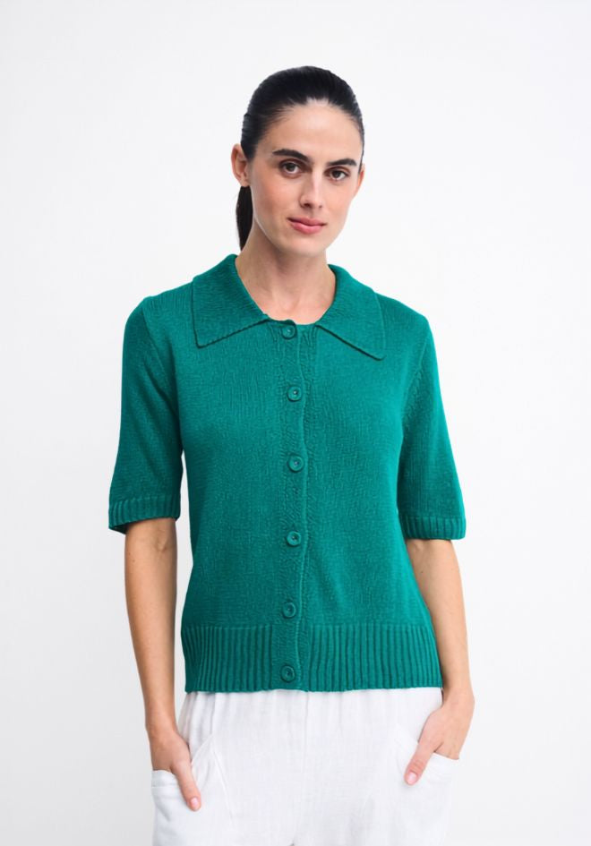 Button Top - Teal by Little Lies — front view of relaxed short-sleeve button-down top in vibrant teal, available in Australia at Kat and Ko Clothing