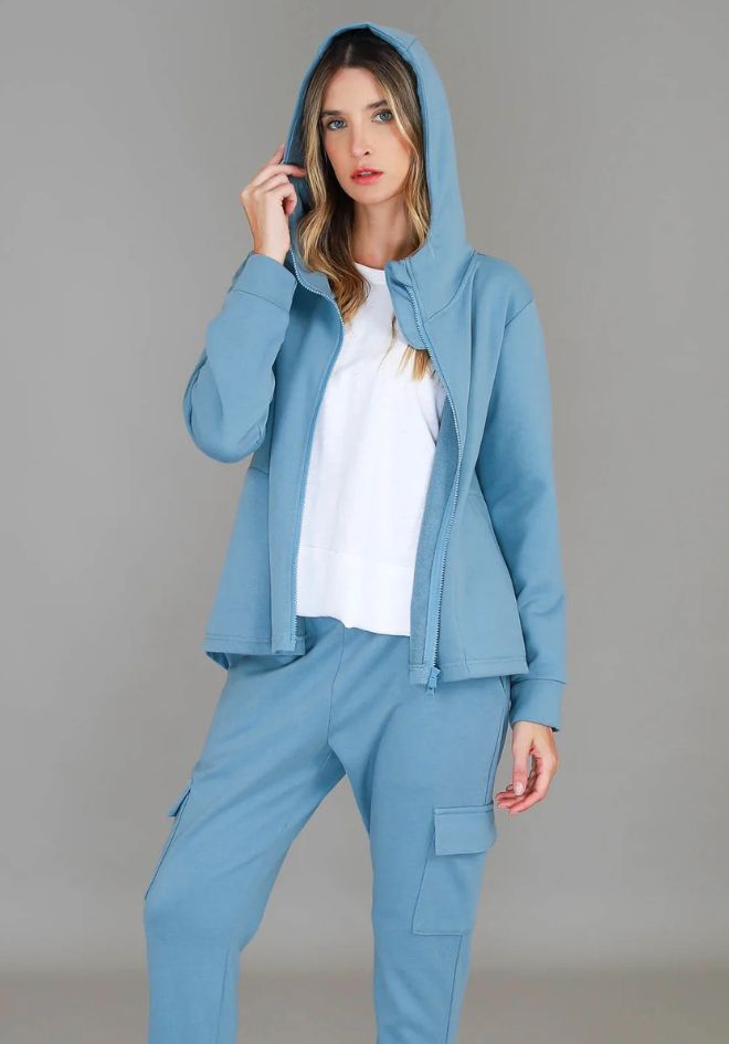 Olinda Hoodie Jacket Cloud Blue by 3rd Storey The Label — front view unzipped with hood up, styled with matching cargo pants, available in Australia at Kat and Ko Clothing