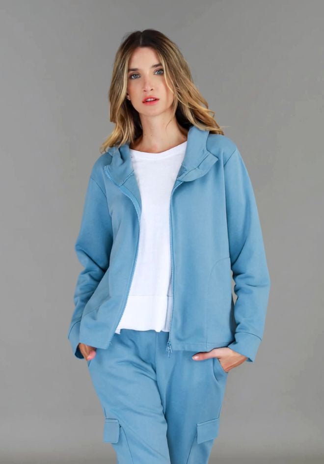 Olinda Hoodie Jacket - Cloud Blue by 3rd Storey The Label — close-up front view unzipped over white tee, styled with matching cargo pants, available in Australia at Kat and Ko Clothing