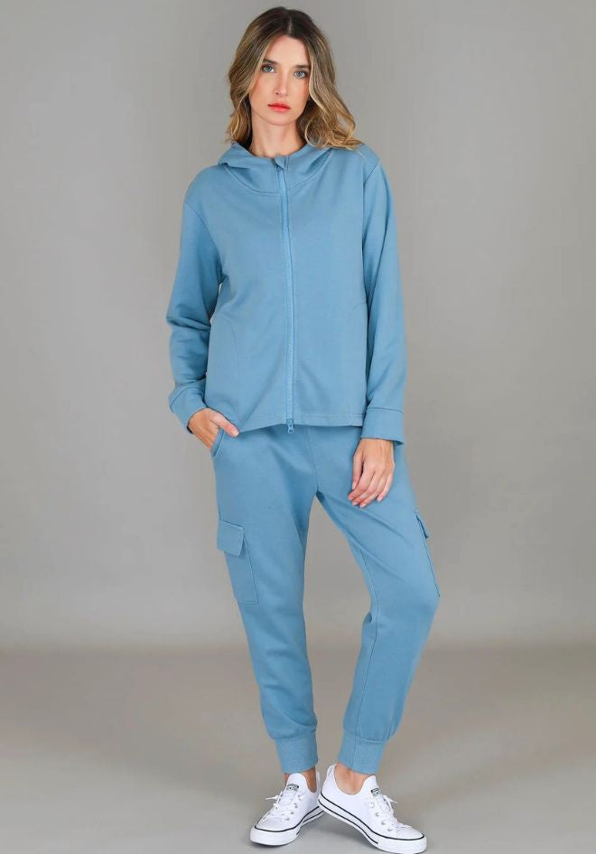 3rd Storey The Label Olinda Hoodie Jacket in Cloud Blue — front view zipped up styled with matching cargo pants and white tee, shop in Australia at Kat and Ko Clothing