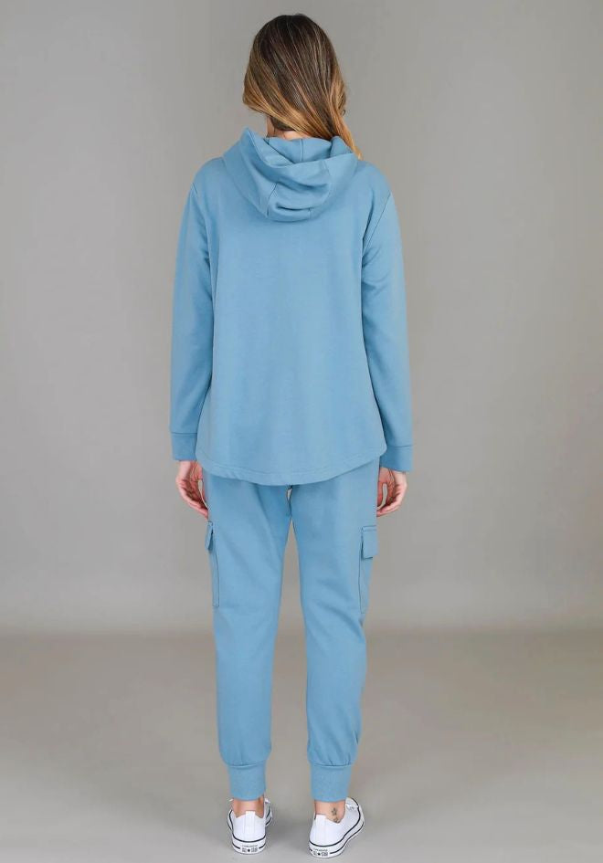 3rd Storey The Label Olinda Hoodie Jacket in Cloud Blue — rear view styled with matching cargo pants, shop in Australia at Kat and Ko Clothing