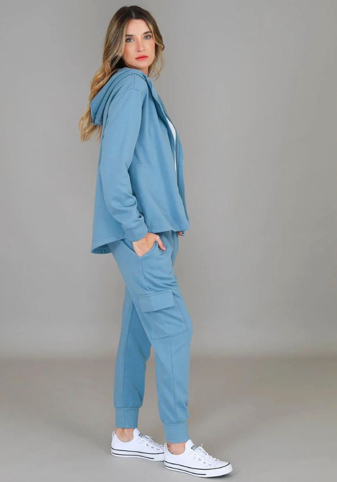 Olinda Hoodie Jacket - Cloud Blue by 3rd Storey The Label — side view styled with matching cargo pants, available in Australia at Kat and Ko Clothing