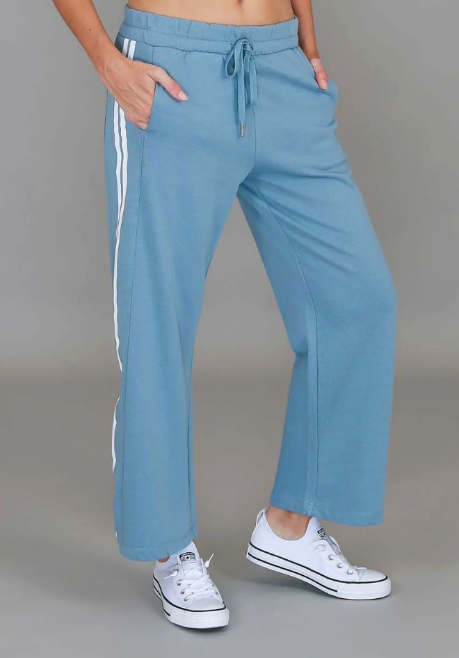 Pammy Stripe Straight Leg Sweatpants - Cloud Blue by 3rd Storey The Label — close-up front view styled with white sneakers, available in Australia at Kat and Ko Clothing
