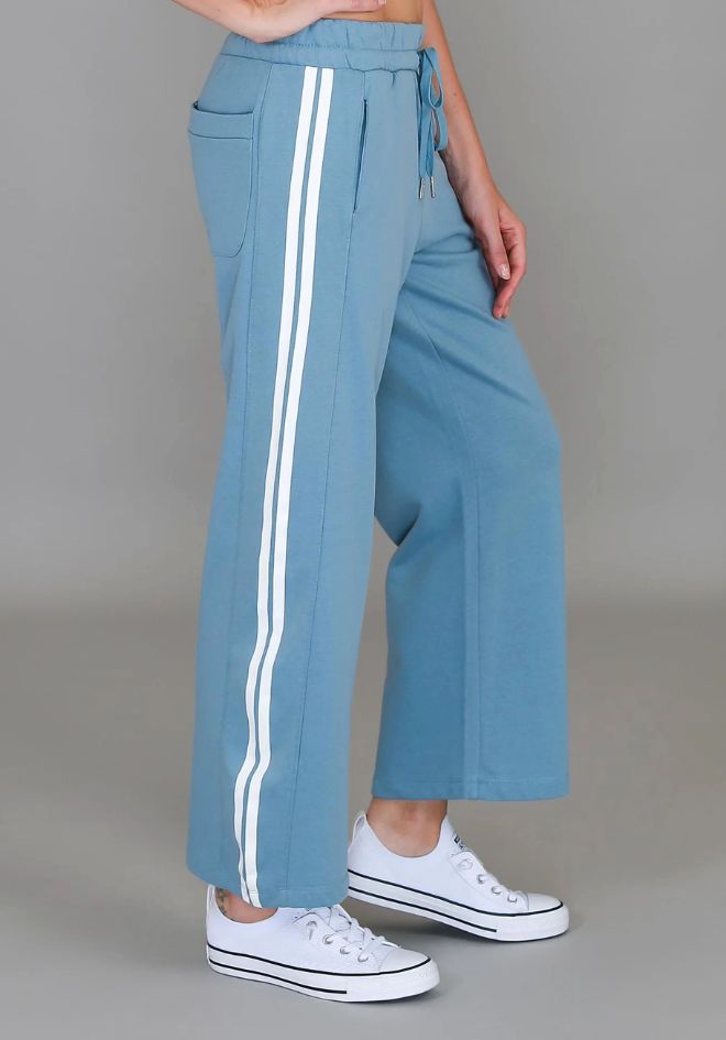 3rd Storey The Label Pammy Stripe Sweatpants in Cloud Blue — close-up side view highlighting stripe detail, shop in Australia at Kat and Ko Clothing