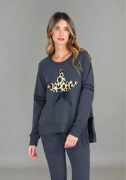Ginger Leopard Star Sweater in Charcoal by 3rd Story The Label — front view of relaxed charcoal sweatshirt with gold leopard print star motif and stripe sleeve detail, styled with matching charcoal joggers, available in Australia at Kat and Ko Clothing