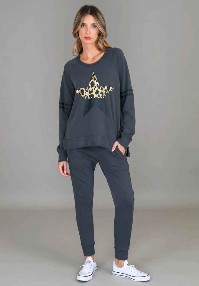 3rd Story The Label Ginger Leopard Star Sweater Charcoal — full-length front view of charcoal relaxed-fit sweatshirt with leopard star splice detail, styled as a matching tracksuit set with charcoal Byron joggers and white sneakers, shop in Australia at Kat and Ko Clothing