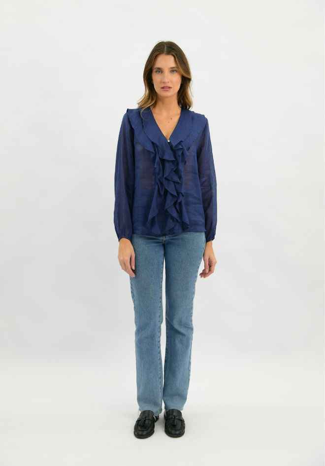 Claire Linen Blouse - Navy