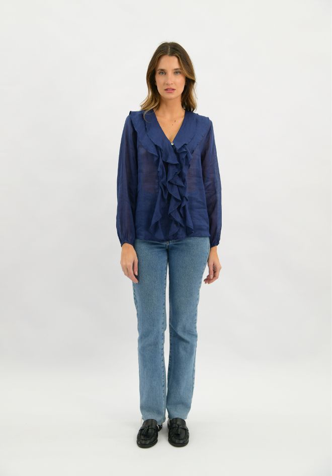 Claire Linen Blouse - Navy