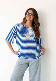 Wild'n Star Tee by Label of Love — oversized blue and white stripe tee with a sequin star applique, styled with acid wash wide-leg jeans, available in Australia at Kat and Ko Clothing