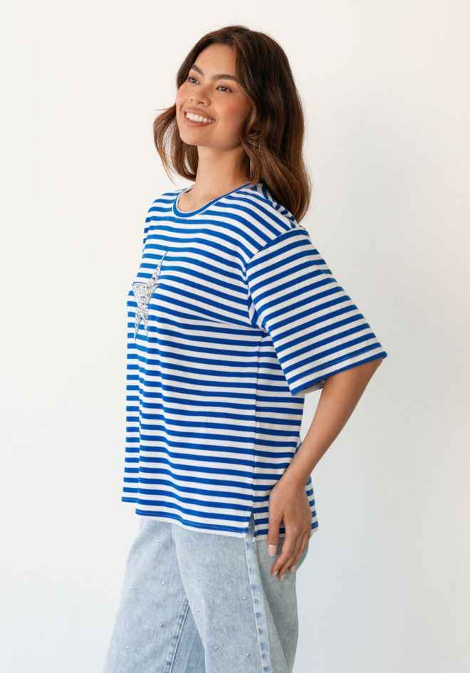 Label of Love Wild'n Star Tee — side profile of the oversized stripe cotton tee, shop in Australia at Kat and Ko Clothing
