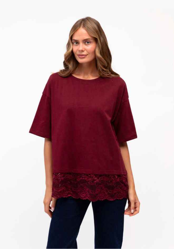 Lace Trim T-Shirt - Wine