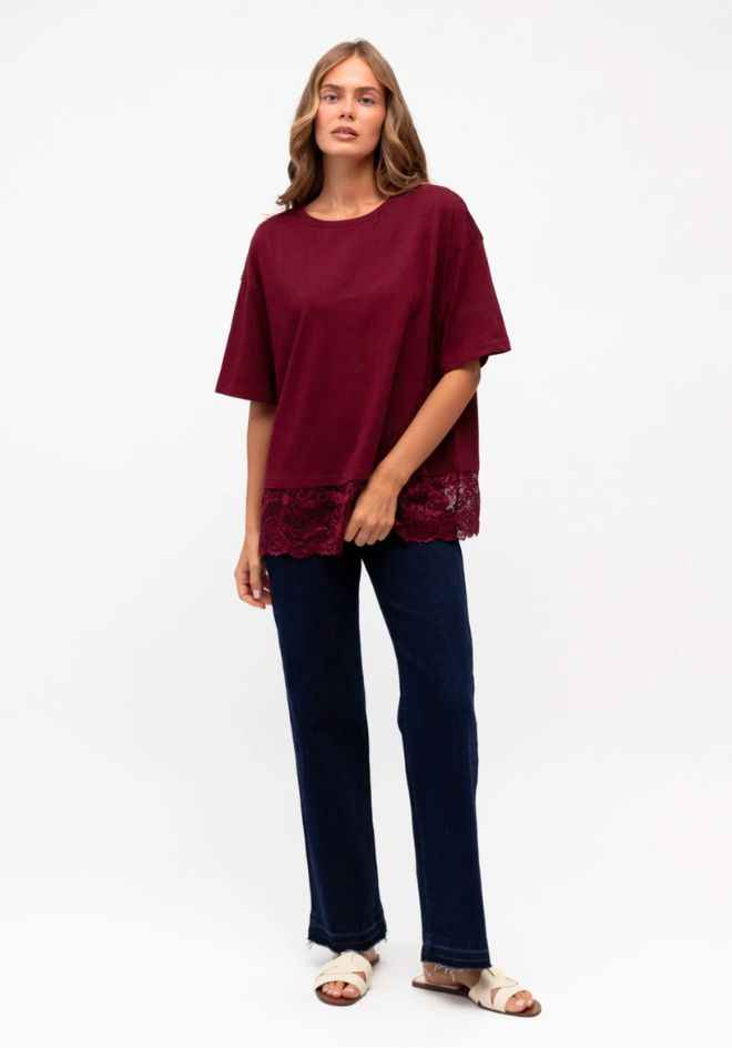 Lace Trim T-Shirt - Wine