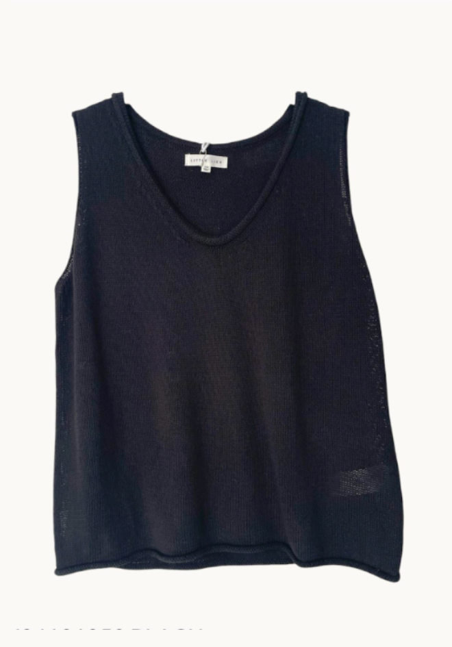 A black scoop neck tank top with rolled hem detailing, displayed against a white background.