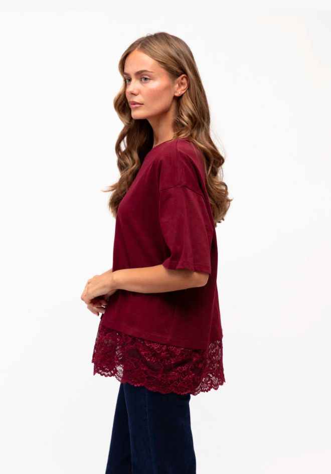 Lace Trim T-Shirt - Wine