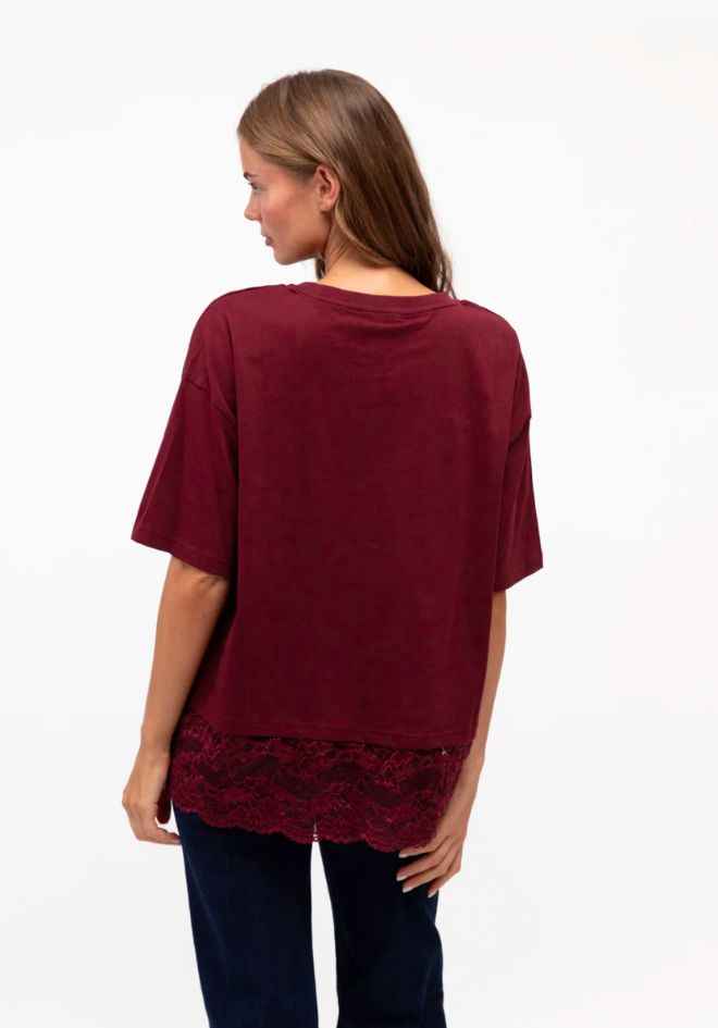 Lace Trim T-Shirt - Wine