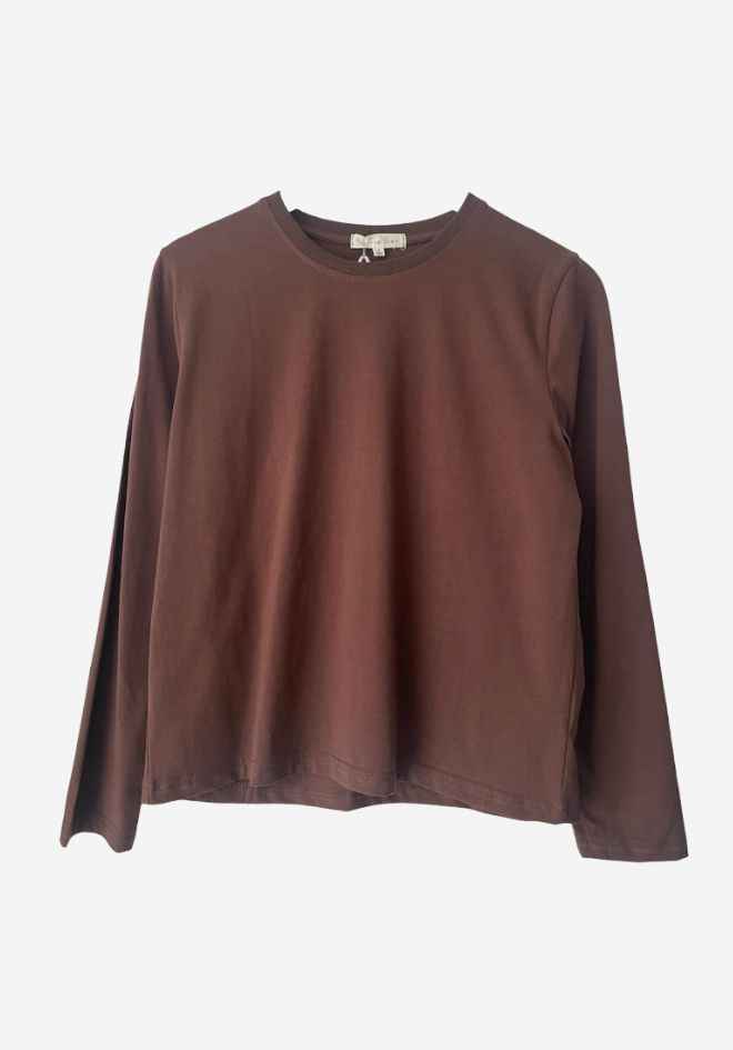 Athena L/S Basic in Chocolate by Little Lies — essential long sleeve tee in cotton/spandex blend, a timeless layering staple in rich chocolate