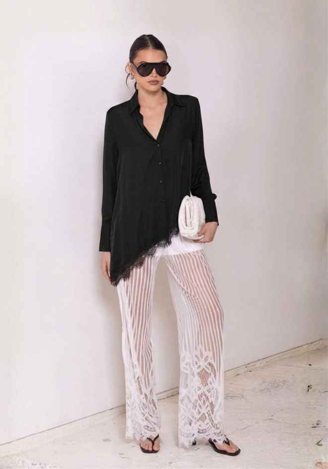 Satine Asymmetrical Lace Blouse by Ave The Label — silky black blouse with dramatic asymmetrical lace hemline, perfect for occasions