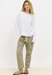 Luxe Pant Khaki by Little Lies — full-length front view of khaki linen pants with drawstring waist, styled with a white long-sleeve top and tan slides, available in Australia at Kat and Ko Clothing