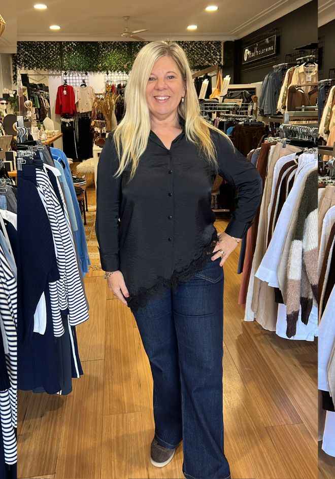 Satine Lace Blouse in Black by Ave The Label — lightweight silky blouse with asymmetrical lace hemline, versatile occasion wear