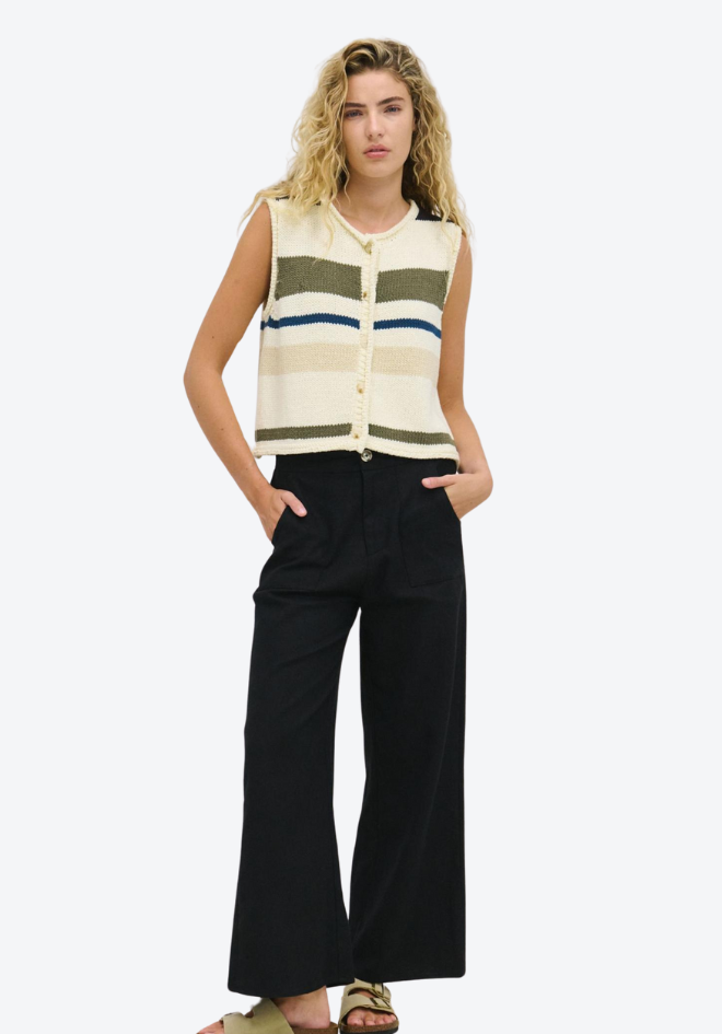 Osaka Pants in Black by Fría — front view of wide-leg linen-cotton pants with elastic back waist and zip front