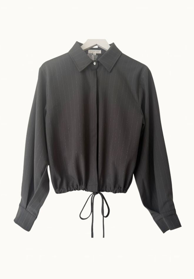 Penelope Tie Bomber Shirt by Little Lies — front detail of tie feature on relaxed fit charcoal bomber shirt by Little Lies