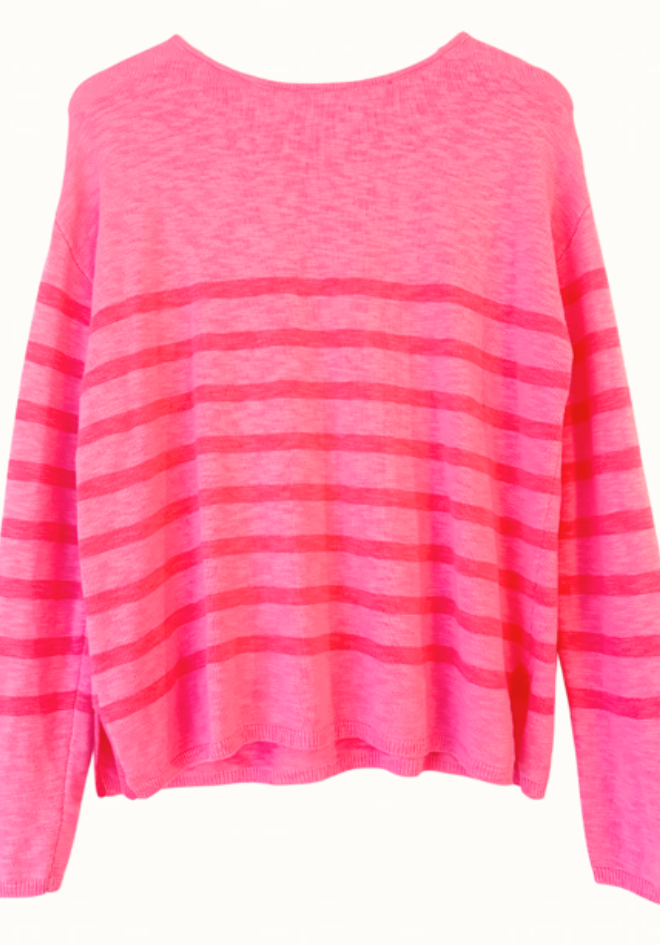 Little Lies Bobbie Top Candy Stripe — flat lay of relaxed fit light pink and hot pink horizontal stripe cotton top with dropped shoulder, long sleeves with ribbed cuffs and straight hemline with side splits, available in Australia at Kat and Ko Clothing