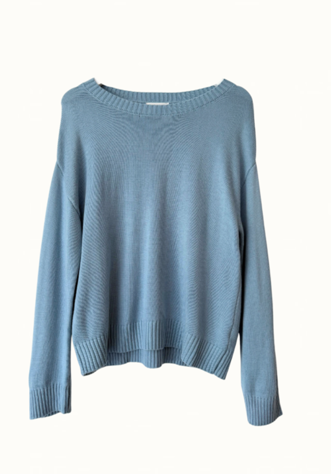 Little Lies Victoria Jumper Baby Blue — flat lay of lightweight baby blue knit showing ribbed crew neckline, ribbed cuffs and hemline, shop in Australia at Kat and Ko Clothing